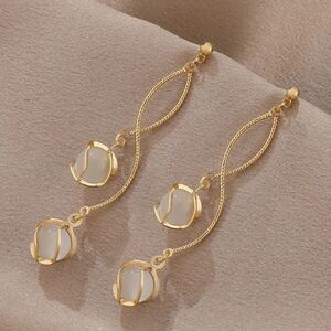 Boho-Elegant Long Tassel Opal Design Earrings Stainless Steel Drop Fashion Look